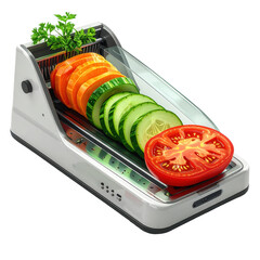 A modern kitchen appliance efficiently slices various fresh vegetables including tomatoes, cucumbers, and carrots with precision, showcasing a sleek design and clean composition on a dark backdrop.