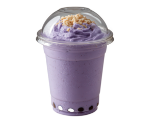 Refreshing cold taro bubble tea boba drink, delicious purple smoothie with sweet cream topping. Isolated beverage, trendy and indulgent sweet dessert treat