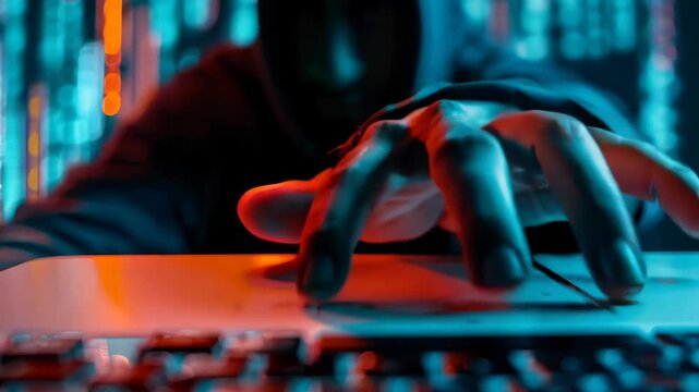 Mysterious Hacker in Dark Hoodie Working on Laptop with Neon Lights