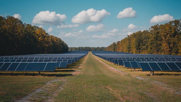 Solar array stretches into horizon, bordered by autumn trees - Powered by Adobe