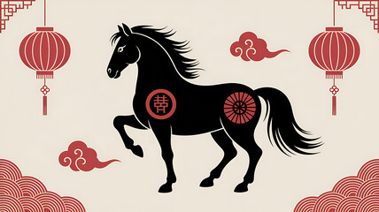 Majestic black horse silhouette chinese new year celebration with red lanterns and clouds