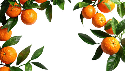 Vibrant orange fruits with lush green leaves create a natural frame against a stark black background, showcasing the ripe citrus and leafy branches, highlighting the contrast and freshness.