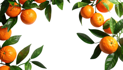 Vibrant orange fruits with lush green leaves create a natural frame against a stark black background, showcasing the ripe citrus and leafy branches, highlighting the contrast and freshness.