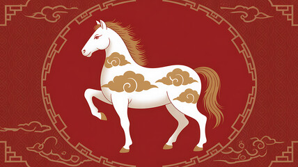 Majestic chinese zodiac horse adorned with clouds and ornate circular frame for lunar new year