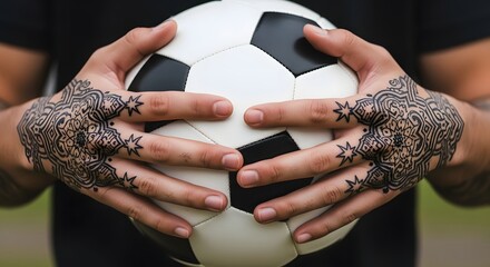 Hands adorned with intricate tattoos holding a soccer ball, set against a blurred outdoor field backdrop