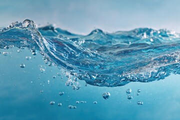 Close-up shot of clear, flowing water creating a wave. Blue tones and bubbles are visible