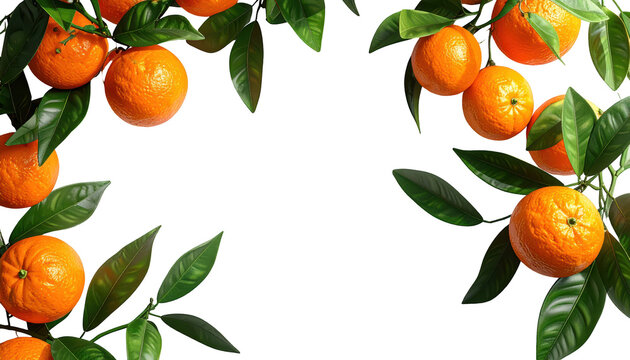 Vibrant orange fruits with lush green leaves create a natural frame against a stark black background, showcasing the ripe citrus and leafy branches, highlighting the contrast and freshness. - Powered by Adobe