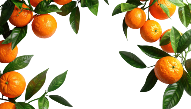 Vibrant orange fruits with lush green leaves create a natural frame against a stark black background, showcasing the ripe citrus and leafy branches, highlighting the contrast and freshness.
