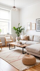 Modern living room with cozy sofa and stylish decor elements  