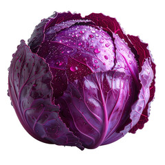 view of a vibrant, freshly harvested red cabbage, glistening with droplets of water against a stark black background, showcasing detailed textures and a rich purple hue, creating a visually striking.