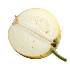The cross-section of a light-colored, spherical fruit reveals a detailed interior structure, showcasing the fleshy pulp and central core against a stark black backdrop.
