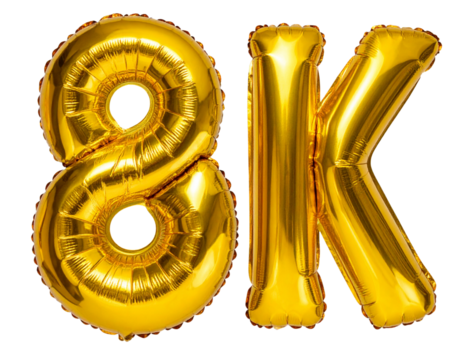 Number 8K Golden Foil Balloon Floating with Invisible Strings, Top-Down Perspective, Isolated