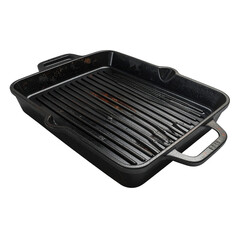 A   shot displays a black cast iron grill pan featuring raised ridges designed to sear food, highlighting its robust construction, textured surface, and the handles for easy handling, all set against.