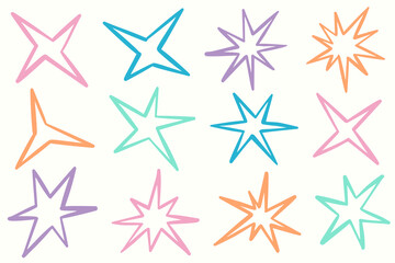 Irregular star shapes. Abstract vector spiky sparks. Random geometric elements on white background. Retro design elements