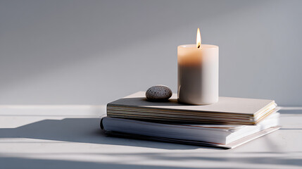 Minimalist still life of a burning candle placed on stacked notebooks, accompanied by a small decorative object