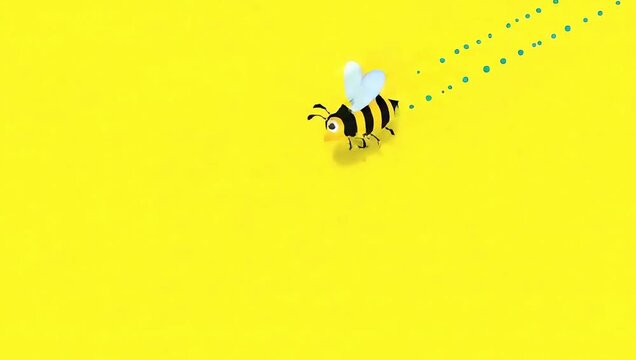 Cute Animated Cartoon Bee Flying on Yellow Background.