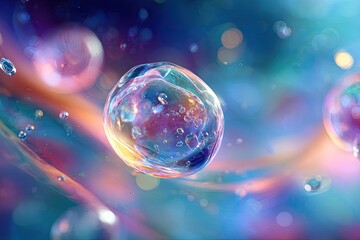 Close-up of a translucent sphere with a nucleus, floating in an abstract, colorful space