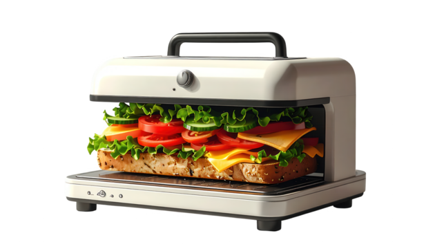 A fresh and delicious sandwich being prepared in a modern, cream-colored appliance, highlighting the ingredients of tomato slices, cheese, lettuce, and cucumber, creating a colorful and appetizing...