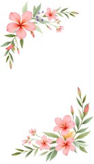 Floral corner decoration with pink flowers and green leaves on white  