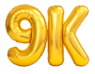 Number 9K Gold Foil Balloon, Angled Side View, Isolated