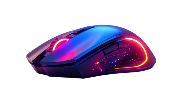 An illuminated computer mouse is depicted with vibrant blue, purple, and orange hues against a solid black background, showcasing modern design elements and neon lighting effects.