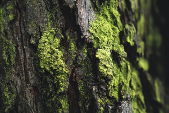 Close-up view showcasing detailed texture of a tree bark with vibrant green moss