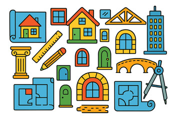 Fototapeta premium Colorful Architectural Doodles. Architecture. Colorful Hand-drawn doodle Children illustration blueprints, house model, windows, doors, columns, beams, roof