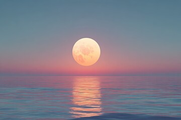 A tranquil ocean at dusk reflecting the soft, pink glow of a full, pale moon