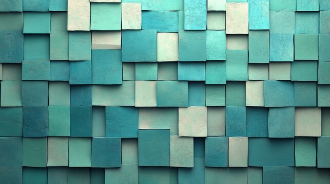 Teal and beige squares form an abstract mosaic pattern on this background