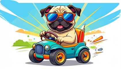 Dog Driving a Toy Car. A playful illustration of a small, determined dog (like a pug) wearing sunglasses and driving a tiny, colorful toy car.
