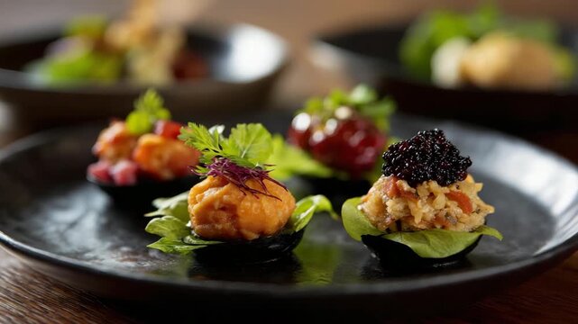 A beautiful arrangement of gourmet appetizers showcasing vibrant colors, fresh ingredients, and intricate garnishes, perfect for a fine dining experience.