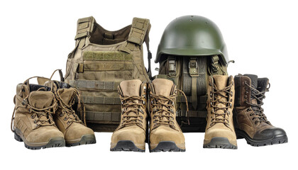 A collection of military tactical gear is displayed against a stark black backdrop, featuring combat boots, a protective vest, a helmet, and a backpack; this composition emphasizes preparedness and...