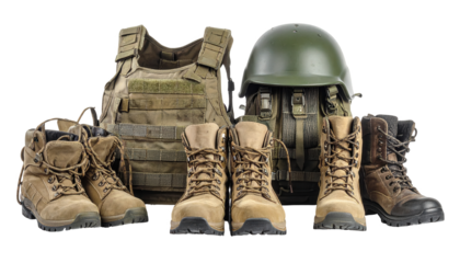 A collection of military tactical gear is displayed against a stark black backdrop, featuring combat boots, a protective vest, a helmet, and a backpack; this composition emphasizes preparedness and...