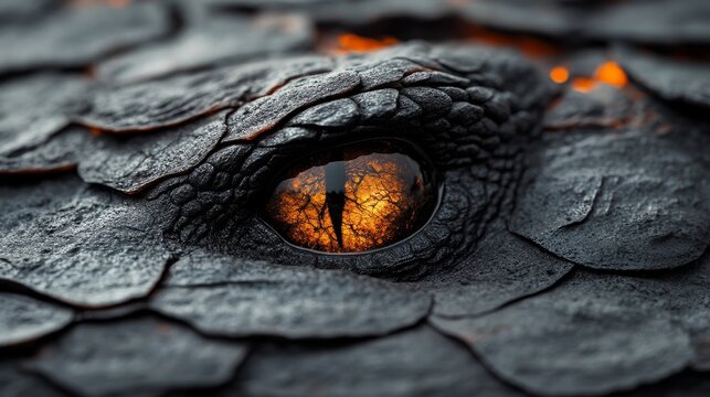 With intricate metallic scales, a fierce dragon head is distinguished by its glowing orange eyes and the fiery neon patterns that cover its surface