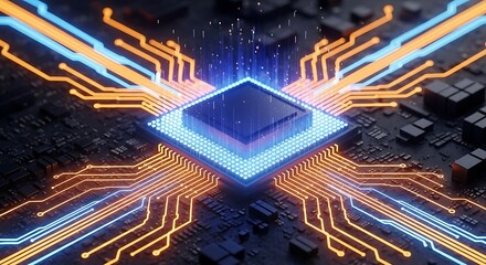 Ultra highresolution, professional studio photography of abstract digital circuit board with glowing blue and orange lines emanating from a central processor, representing technology and data flow