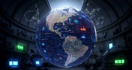 Futuristic globe displaying data and constellations in a high-tech lab - Powered by Adobe