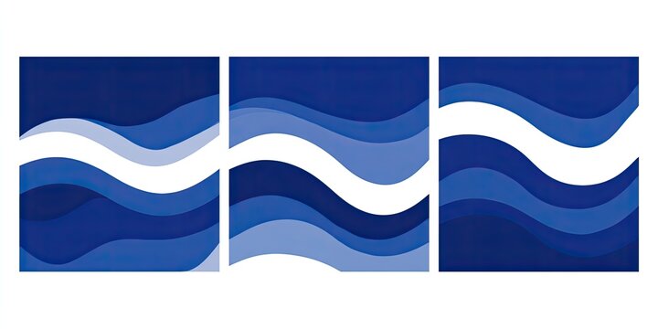 Triptych of abstract wavy lines in various shades of blue and white, placed on a white backdrop