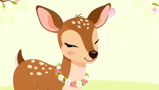 Cute Baby Deer Wearing Flower Garland in Springtime Meadow.