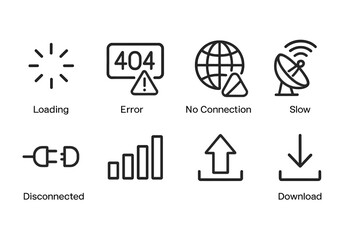Black Icon Collection. Outline icon set of internet errors and status: loading spinner, error , no connection, slow network, disconnected, signal strength,