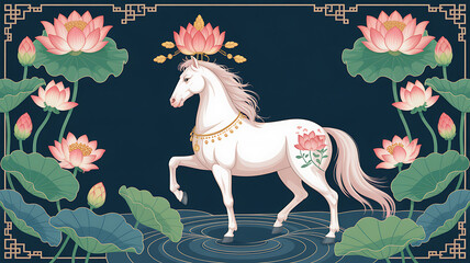 Elegant white horse surrounded by lotus flowers in traditional chinese art style