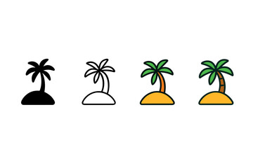 Obraz premium Tropical Island Icons. Vector icon tropical island with palm tree same pose same proportions four styles black solid glyph outline minimal flat multicolor