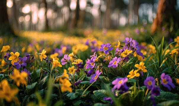 Close-up of vibrant purple and yellow wildflowers in a forest clearing. Soft sunlight - Powered by Adobe