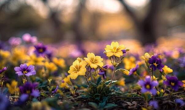 A close-up of vibrant, colorful flowers, yellows and purples, in a sunlit meadow