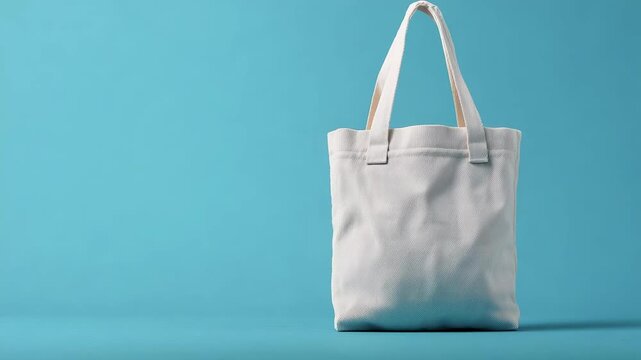 A white tote bag with a red Santa hat perched on top, against a blue background.