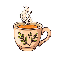 Steaming cup of tea with floral design, perfect for a cozy moment