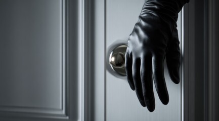A gloved hand reaches for a doorknob on a dimly lit door, suggesting a clandestine entrance