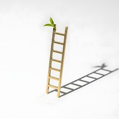 A wooden ladder with a small green plant growing from the top, casting a shadow on a white background