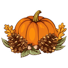 Festive pumpkin arrangement with autumn leaves and pinecones