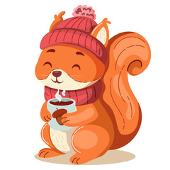 Cute squirrel enjoying a warm drink in winter