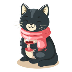 Cute black cat enjoying a warm drink on a cold day